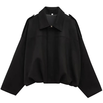 Suede Cropped Bomber Jacket Women Oversized Batwing Sleeve Casual Coat