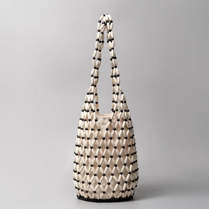 Women's Woven Tote Bag – Hollow-Out Wooden Bead Bucket Shoulder Bag