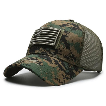 Camouflage Baseball Cap with American Flag Patch – Men's Mesh Trucker Hat