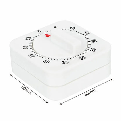60-Minute Mechanical Kitchen Timer – White Square Countdown Alarm