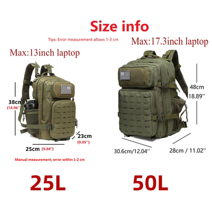 Tactical MOLLE Backpack 25L/50L – Military Hiking Rucksack with Bottle Holders
