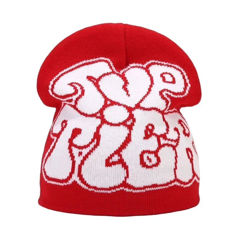 Y2K Letter Print Knit Beanie Hat – Unisex Winter Cap