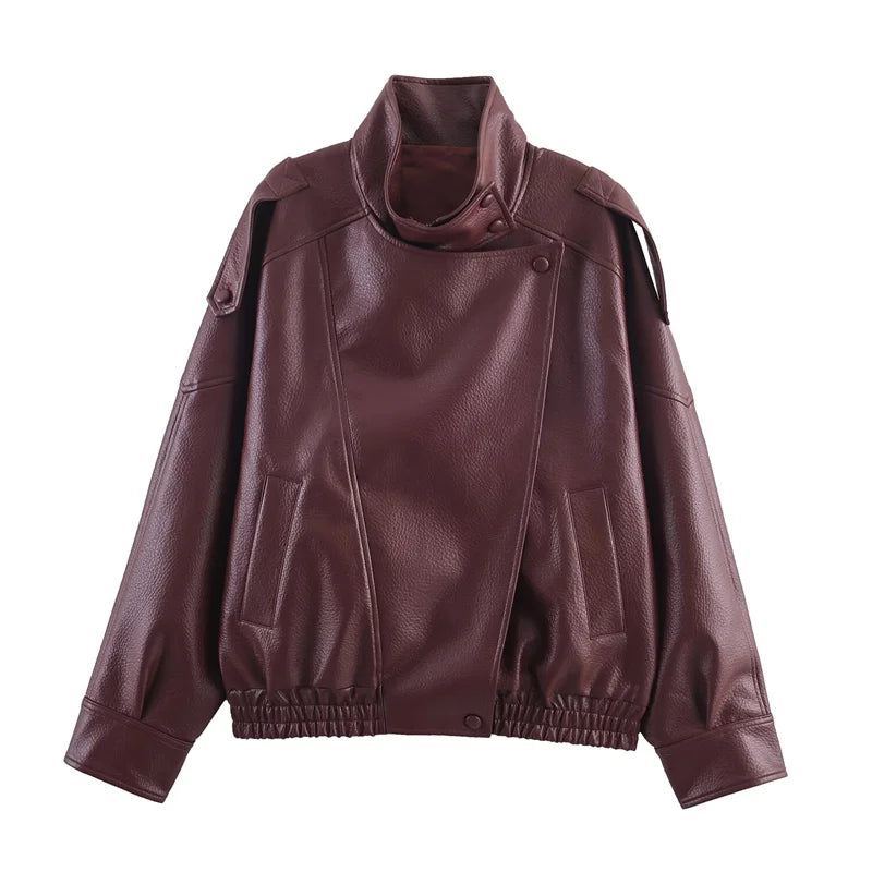 Pebble Faux Leather Motorcycle Jacket for Women