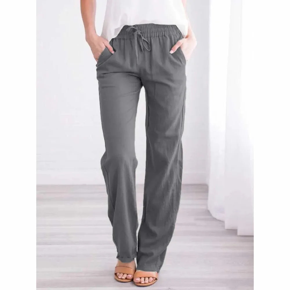 Women's Cotton Linen Drawstring Pants – Loose Straight Leg