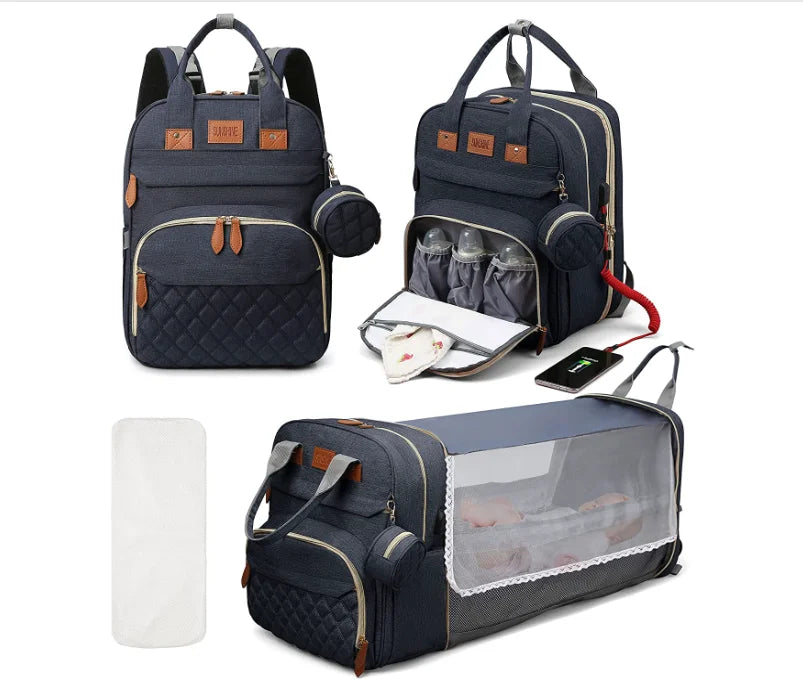 3-in-1 Diaper Bag Backpack with Foldable Baby Bed & USB Charging