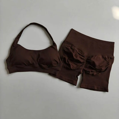 Women's Halter Neck Sports Bra & Scrunch Shorts Set
