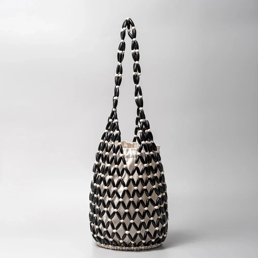 Women's Woven Tote Bag – Hollow-Out Wooden Bead Bucket Shoulder Bag