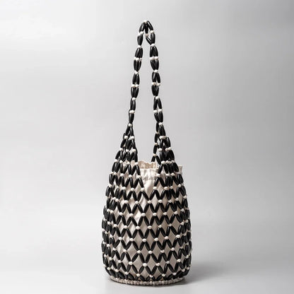 Women's Woven Tote Bag – Hollow-Out Wooden Bead Bucket Shoulder Bag