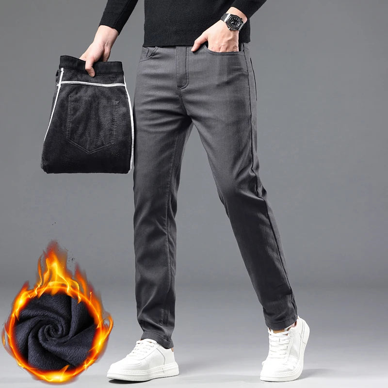 Men's Fleece-Lined Slim Dress Pants – Warm Winter Trousers