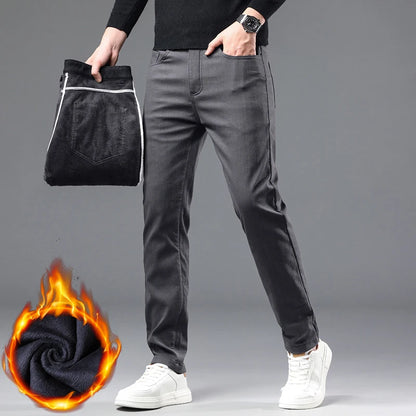 Men's Fleece-Lined Slim Dress Pants – Warm Winter Trousers