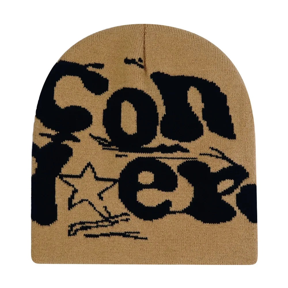 Y2K Letter Print Knit Beanie Hat – Unisex Winter Cap