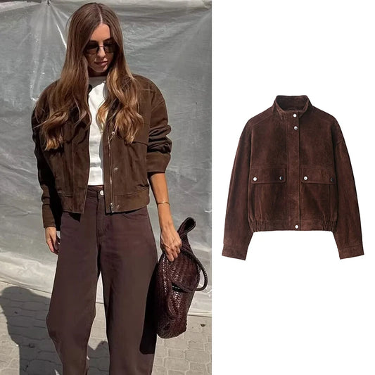 Women's Suede Bomber Jacket – Slim Fit with Big Pockets