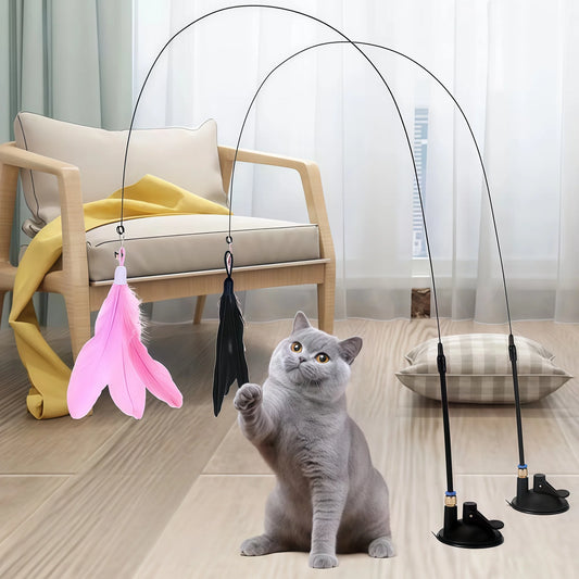 Cat Feather Teaser Wand Toy with Suction Cup Base