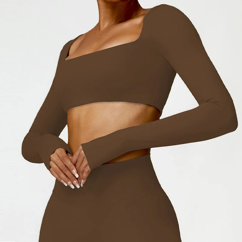 Women's Long Sleeve Square Neck Crop Top Gym Shirt