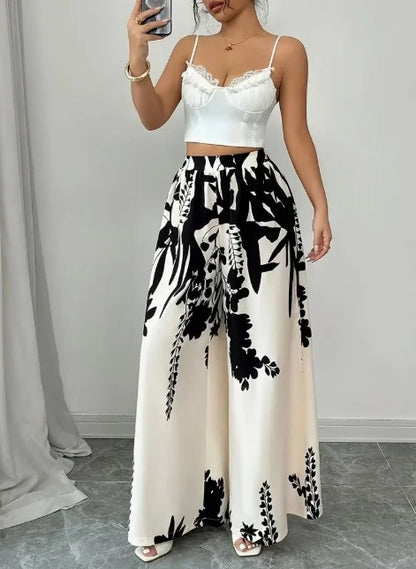 Floral Print Wide Leg Palazzo Pants – Elastic Waist Satin Trousers