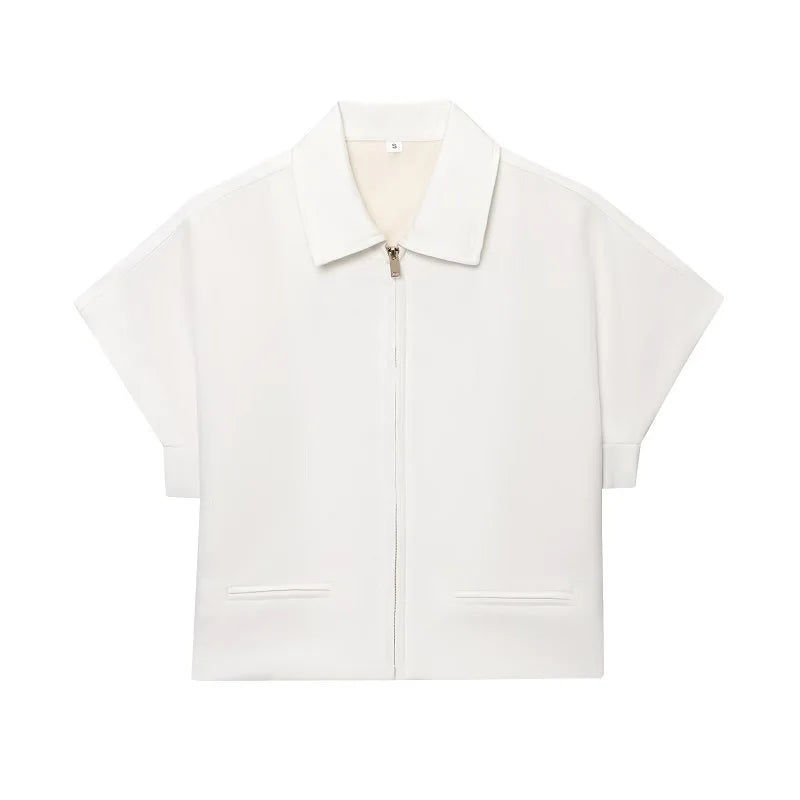 Women's Cropped Zip-Up Jacket Short Sleeve Summer Varsity Coat