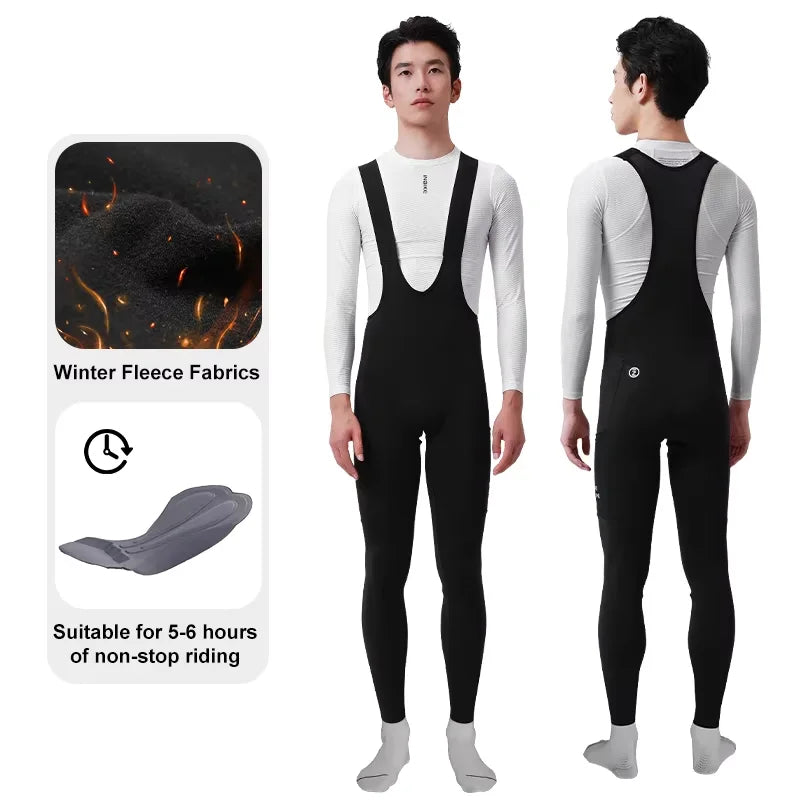 Winter Cycling Bib Pants Men – Thermal Fleece 3D Padded MTB Tights