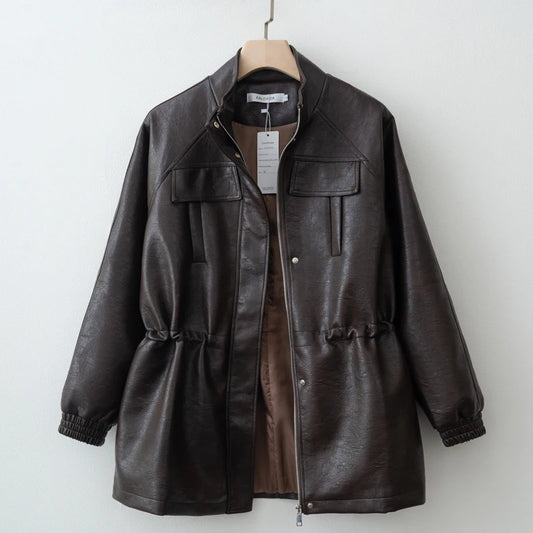 Women's PU Leather Jacket with Elastic Drawstring Waist – Autumn Coat