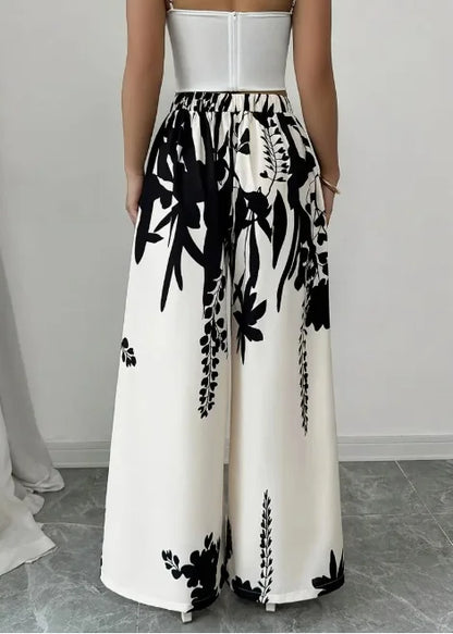 Floral Print Wide Leg Palazzo Pants – Elastic Waist Satin Trousers