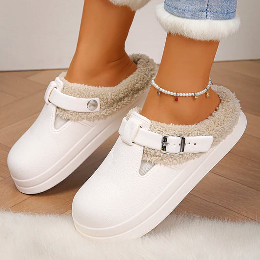 Women's Fluffy Clogs Slippers – Warm Waterproof Non-Slip Indoor Slides