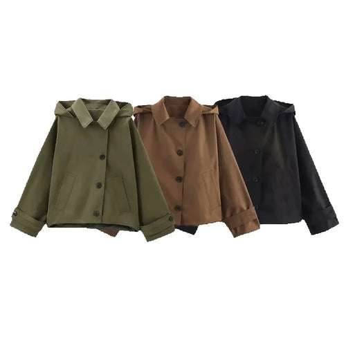Women's Short Hooded Trench Coat – Single Breasted Jacket