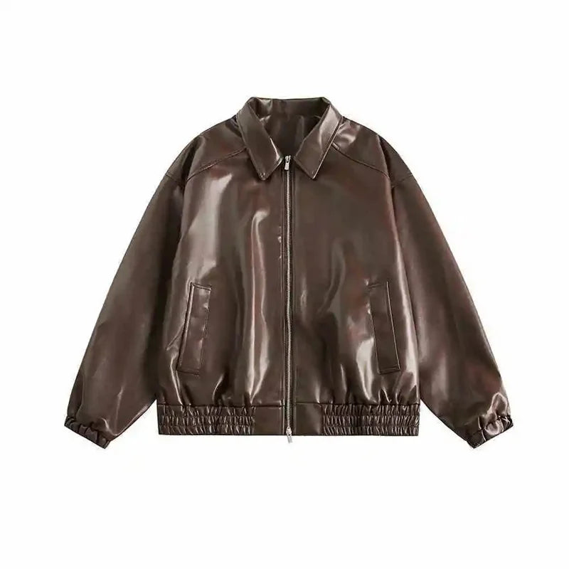 Women's Retro Faux Leather Jacket – Oversized PU Zip Coat