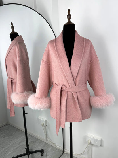 Women's Fox Fur Trim Double-Sided Wool Coat – Belted Elegant Wrap