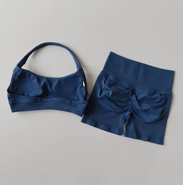Women's Halter Neck Sports Bra & Scrunch Shorts Set