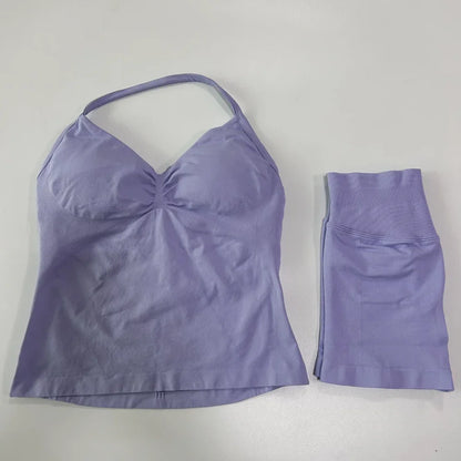 Women's 2-Piece Seamless Sports Set – Backless Tank Top & Scrunch Shorts