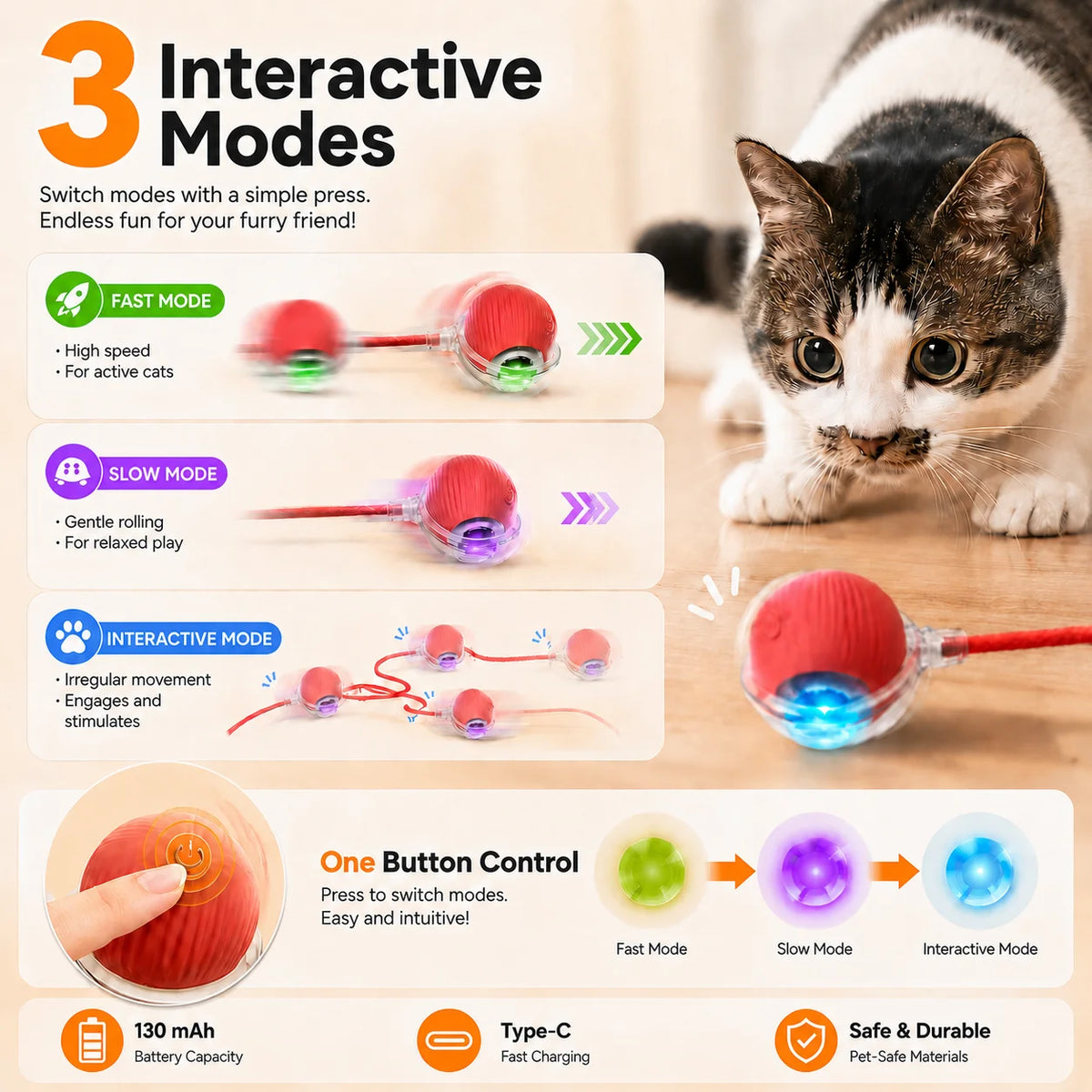 Smart Automatic Rolling Cat Ball Toy – Rechargeable with LED Light & Tail