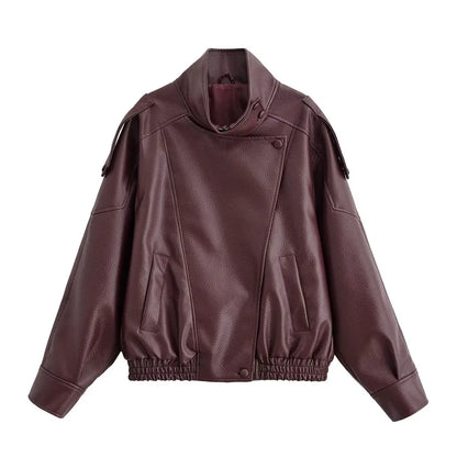 Faux Leather Moto Jacket for Women – Oversized PU Streetwear Coat