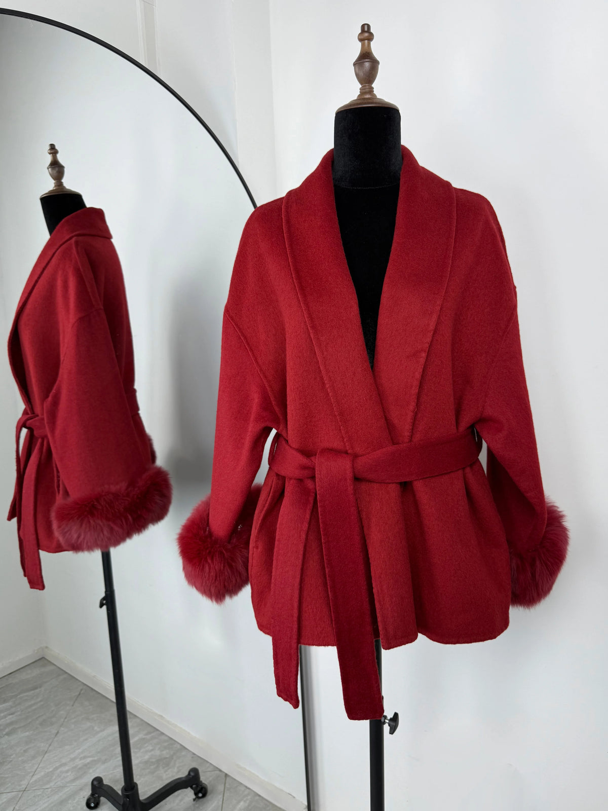 Women's Fox Fur Trim Double-Sided Wool Coat – Belted Elegant Wrap