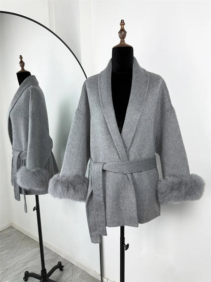 Women's Wool Coat with Fox Fur Cuffs – Elegant Belted Wrap Cardigan