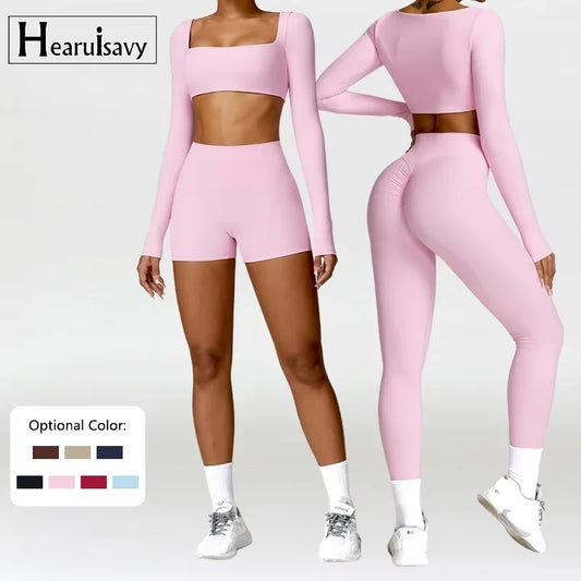 Women's 2-Piece Long Sleeve Crop Top & Shorts Yoga Set