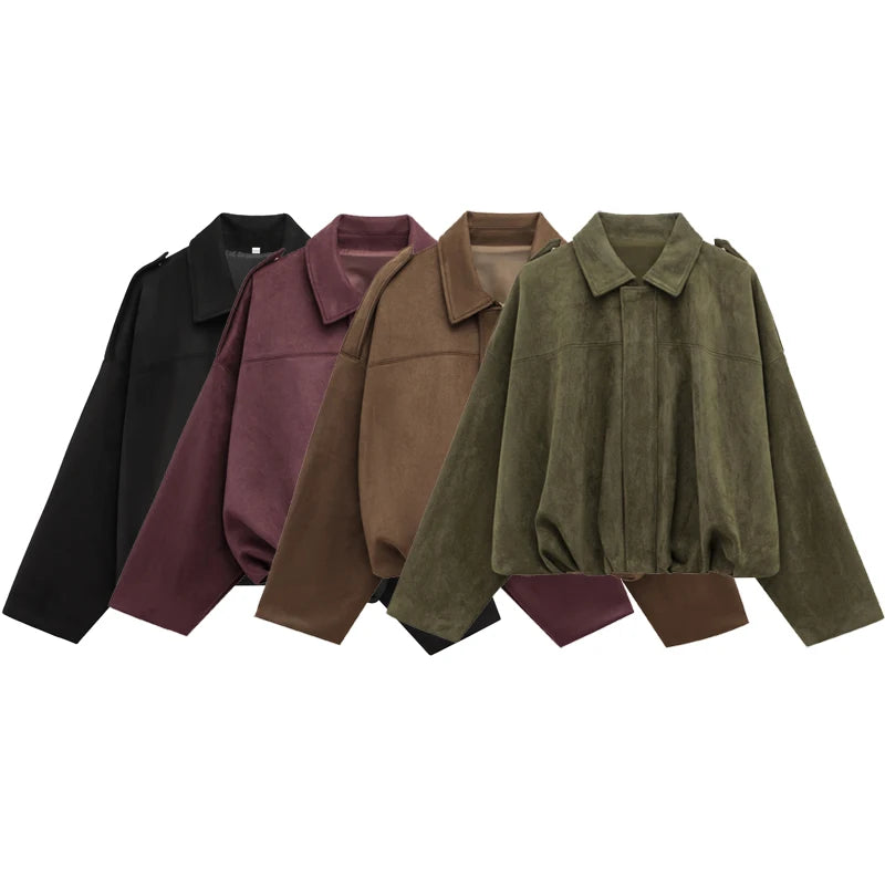 Cropped Bomber Jacket Women Suede Lapel Zip-Up Street Coat