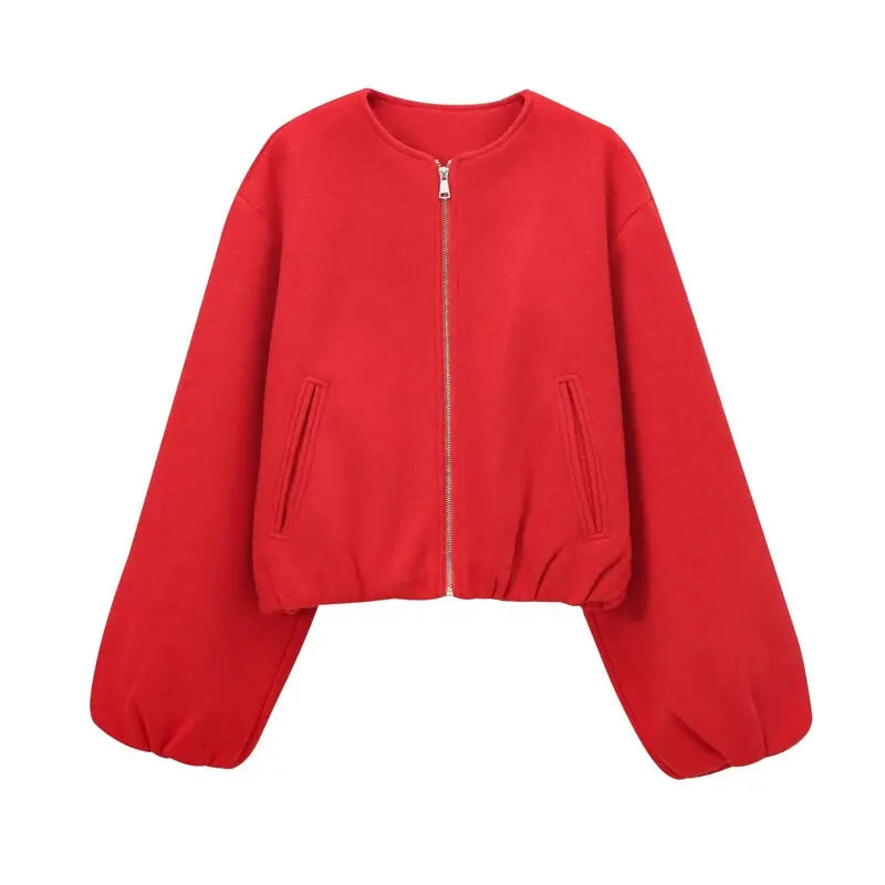 Women's Loose Zip-Up Bomber Jacket – Casual Long Sleeve Outerwear