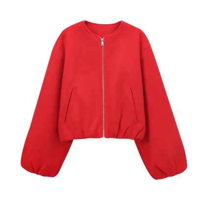Women's Loose Zip-Up Bomber Jacket – Casual Long Sleeve Outerwear