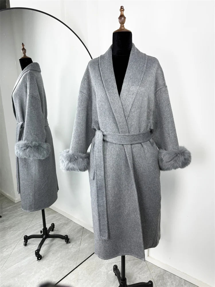 Women's Wool Coat with Fox Fur Cuffs – Elegant Belted Wrap Cardigan