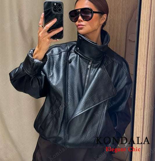 Women's Faux Leather Pilot Jacket – Oversized Zip Bomber Coat