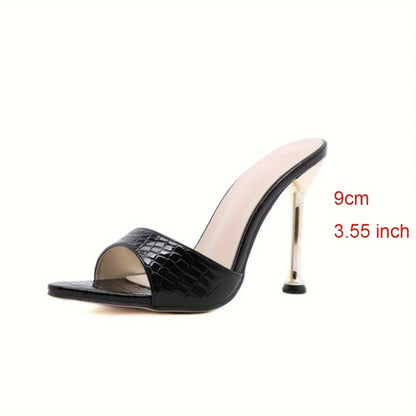 Crocodile Texture Stiletto Mule Heels – Women's Slip-On Pointed Toe Sandals