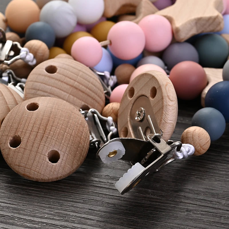 Wooden Star Pacifier Clip Chain with Silicone Teething Beads