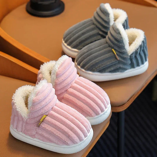 Kids' Winter Plush Slippers – Non-Slip Warm Striped Indoor Shoes for Boys & Girls