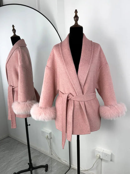 Women's Wool Coat with Fox Fur Cuffs – Elegant Belted Wrap Cardigan