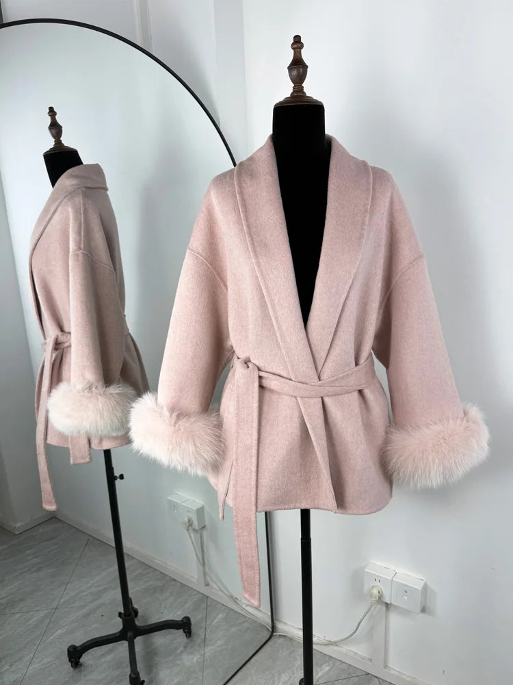 Women's Wool Coat with Fox Fur Cuffs – Elegant Belted Wrap Cardigan
