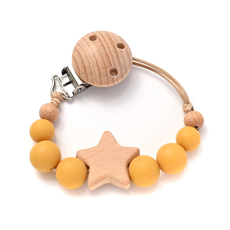 Wooden Star Pacifier Clip Chain with Silicone Teething Beads