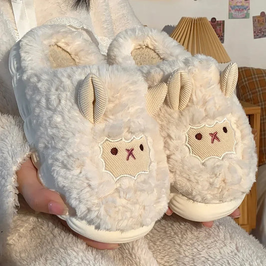 Cute Cartoon Sheep Plush Slippers for Women – Warm Fluffy Indoor Slides