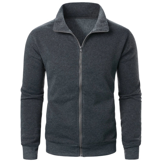 Men's Casual Zip-Up Stand Collar Jacket – Solid Color Sporty Top