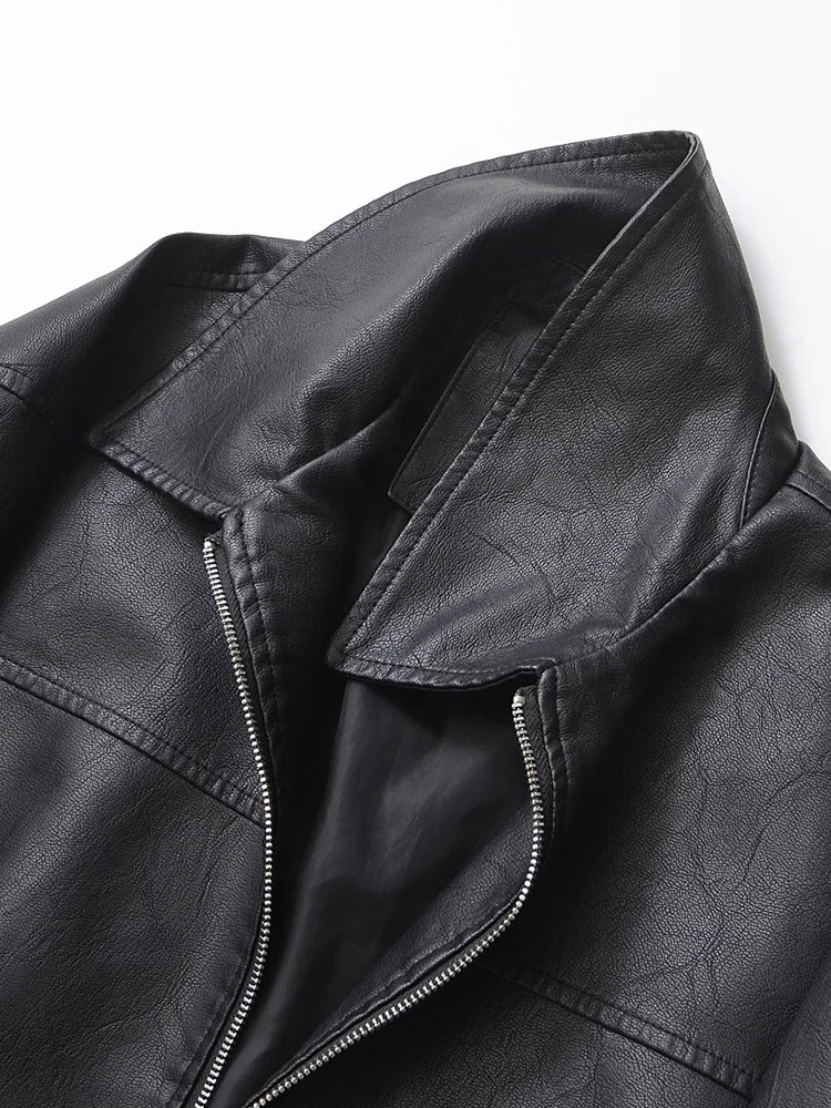 Women's Oversized Faux Leather Jacket – Retro Streetwear Zip Coat