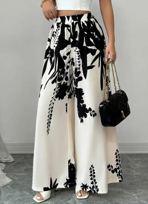 Floral Print Wide Leg Palazzo Pants – Elastic Waist Satin Trousers