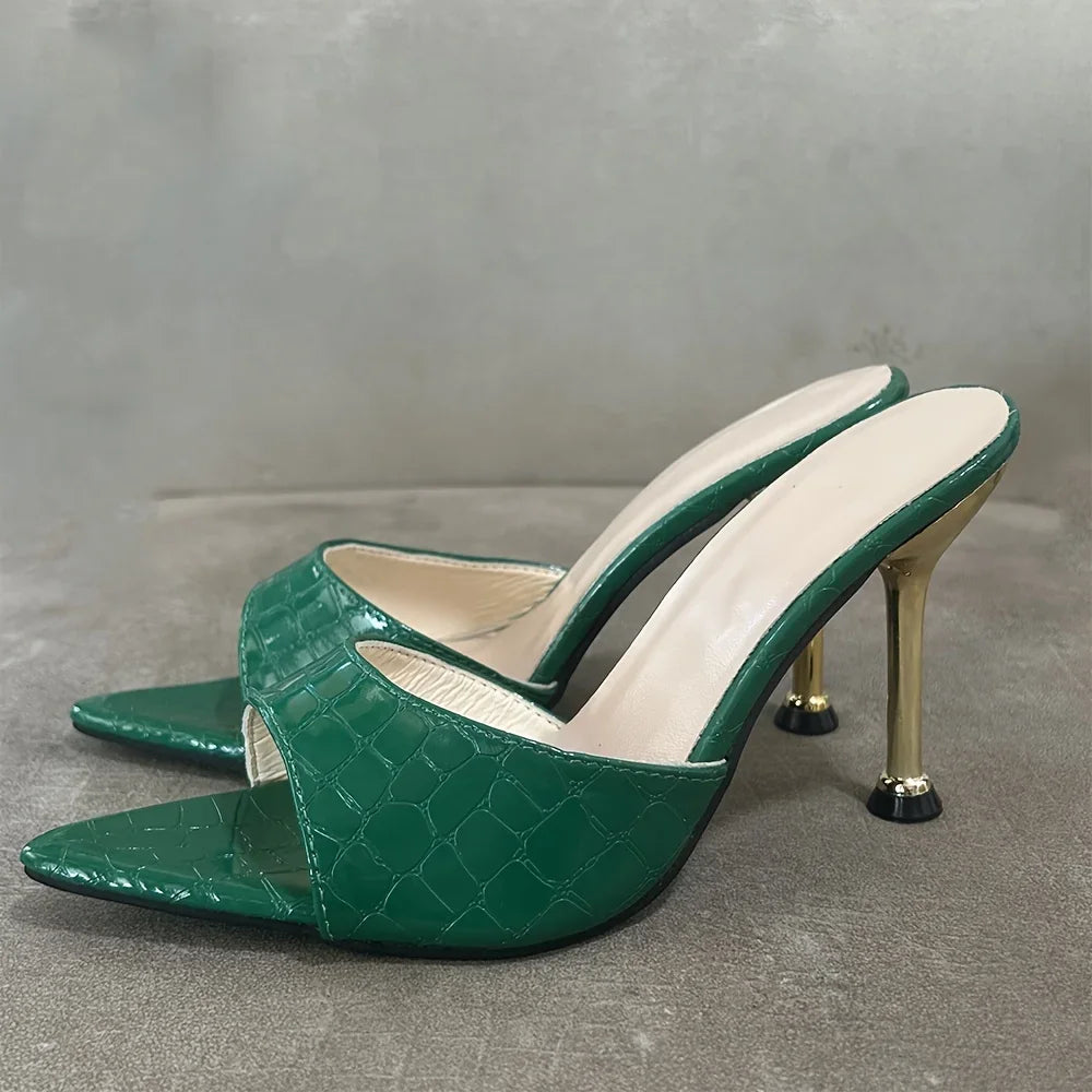 Crocodile Texture Stiletto Mule Heels – Women's Slip-On Pointed Toe Sandals